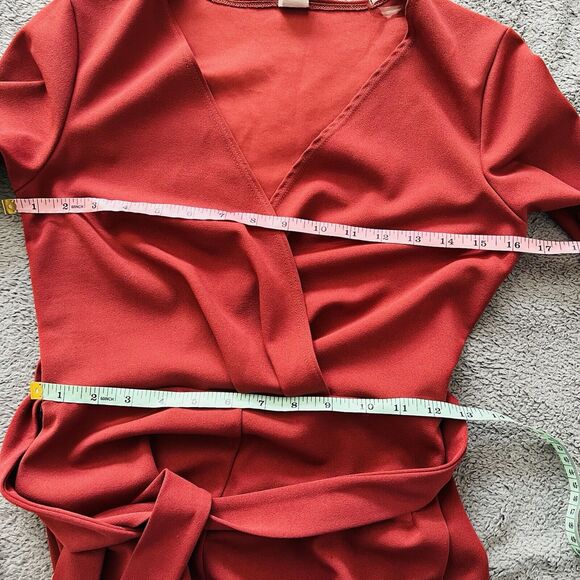 Windsor Brick Red Romper Dress Long Sleeve Faux Wrap Belted Waist Shorts V-neck - Picture 8 of 9